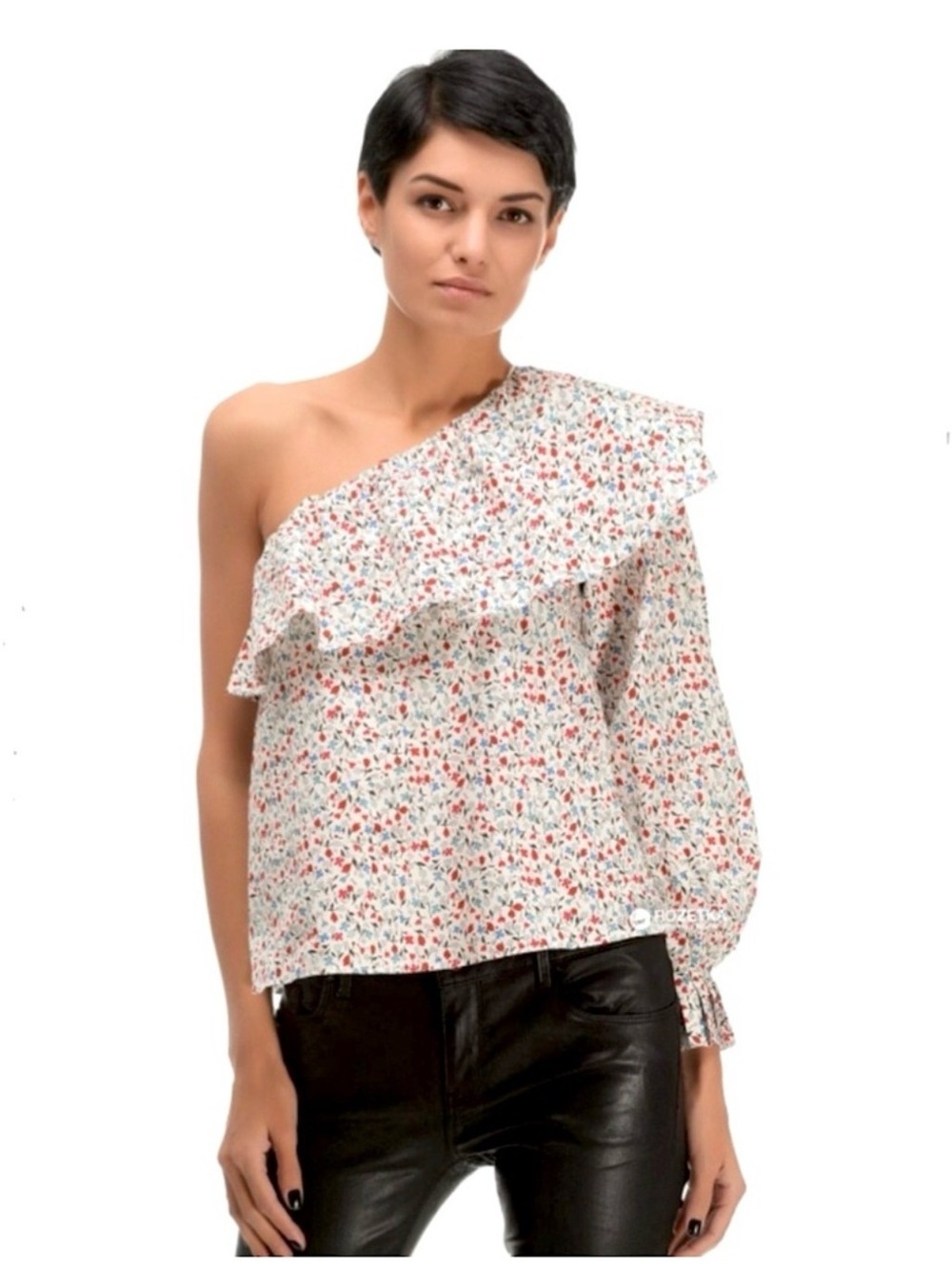 Zara One-Shoulder Ruffle Floral Top - White with Red & Blue Print